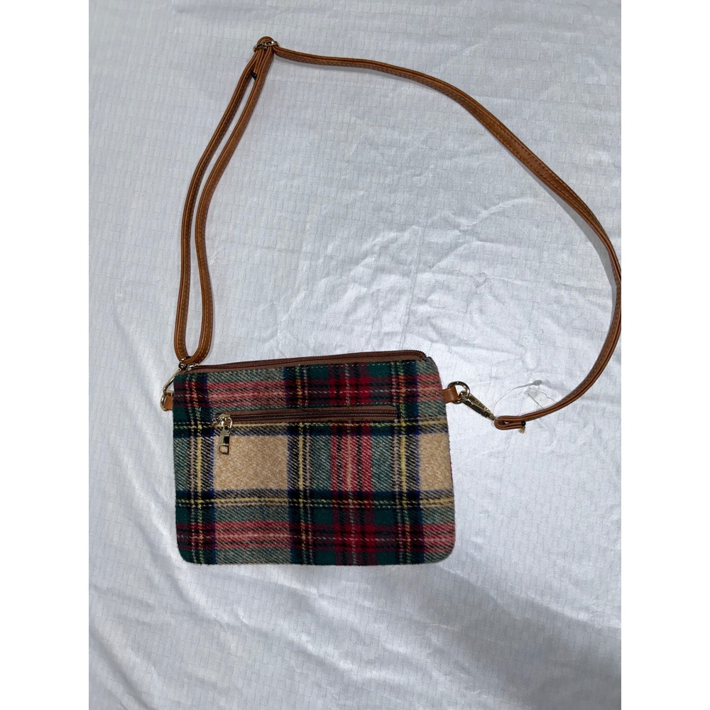 Jen & Co Plaid Crossbody Bag Green Red Tan Gold Hardware Adjustable Strap